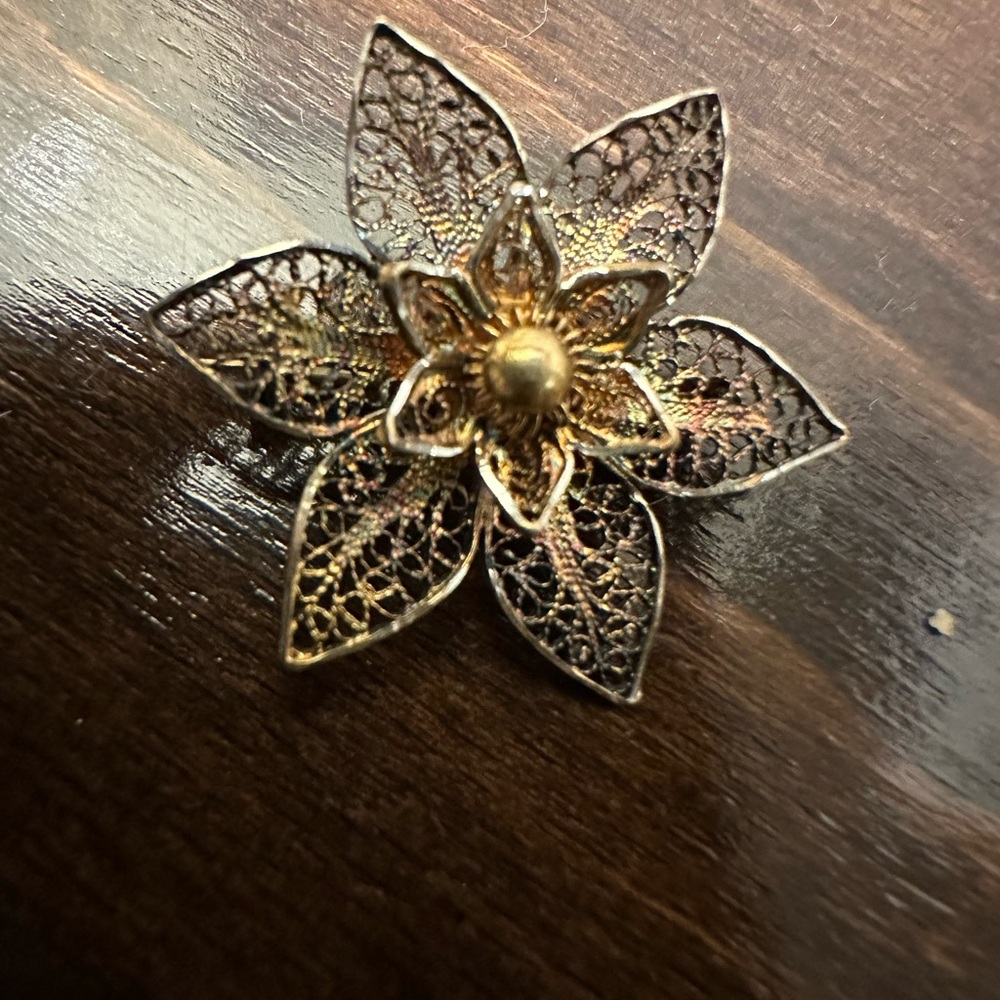 Vintage gilt sterling silver flower filigree brooch, MCM